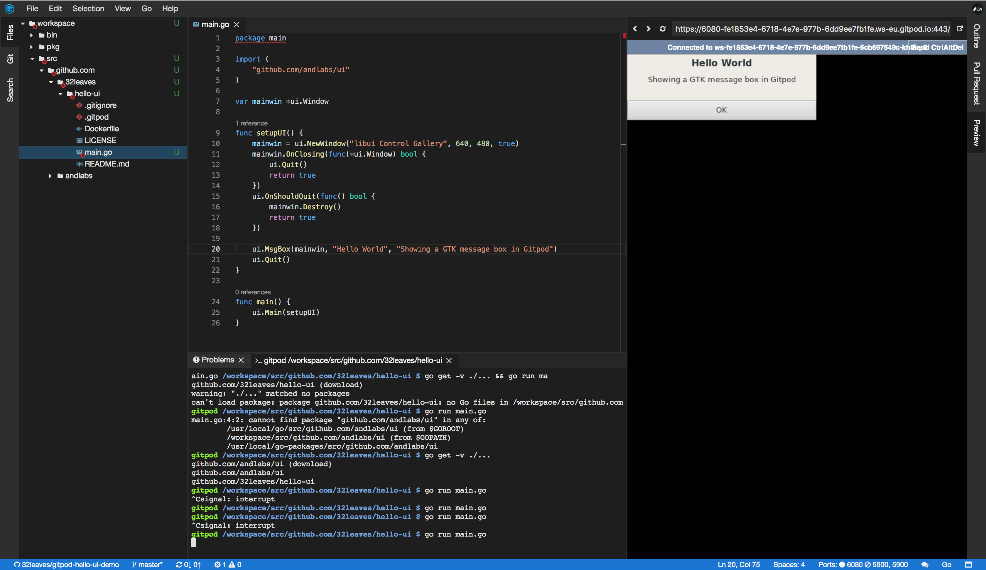 The Hello World UI example running in Gitpod