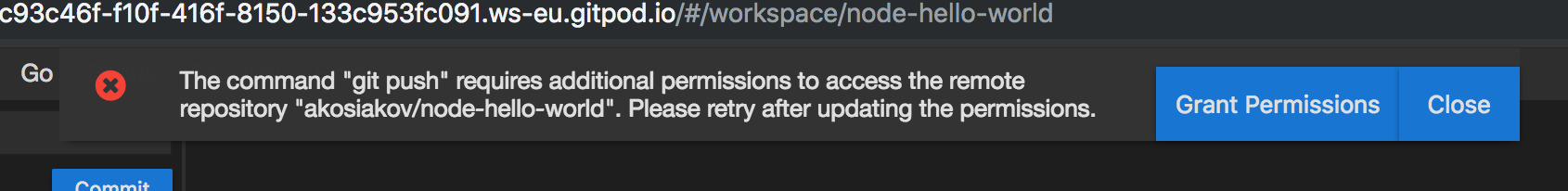 Gitpod prompt grant write access to your repositories