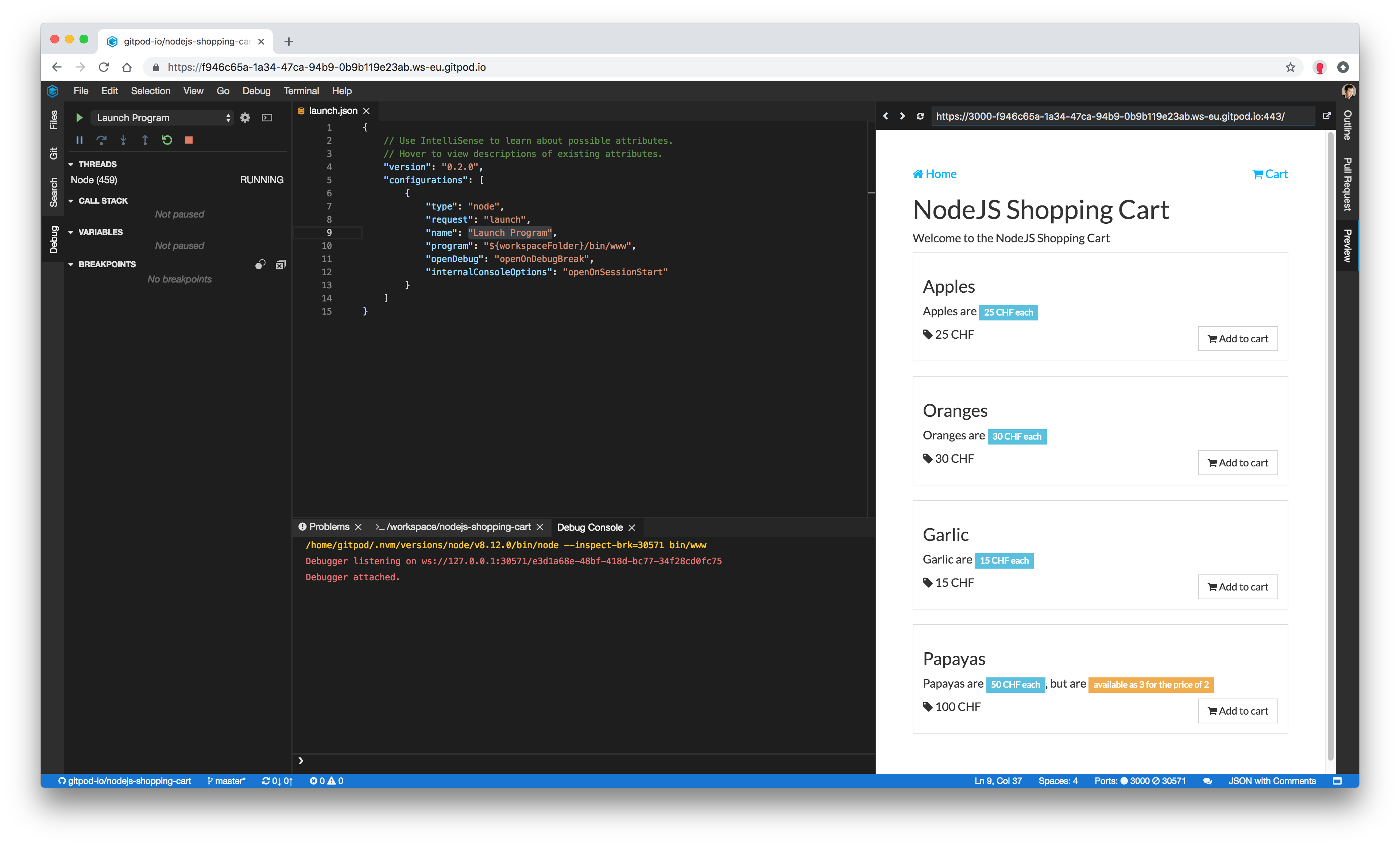 Gitpod workspace shopping cart application preview