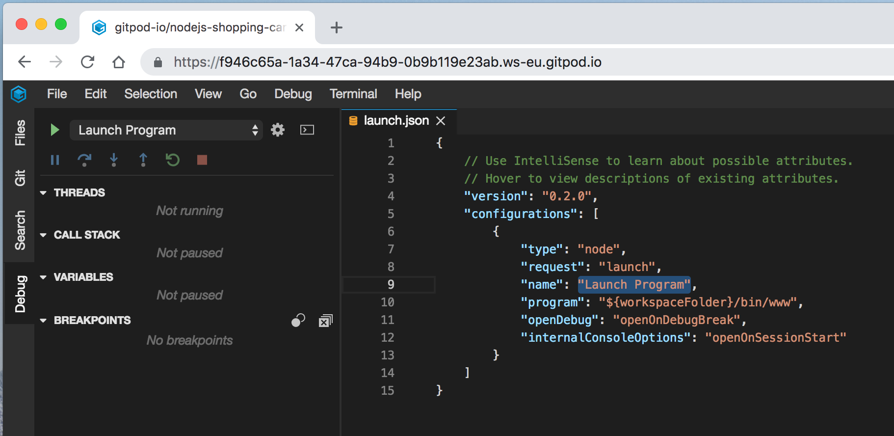 Gitpod Debug Tab