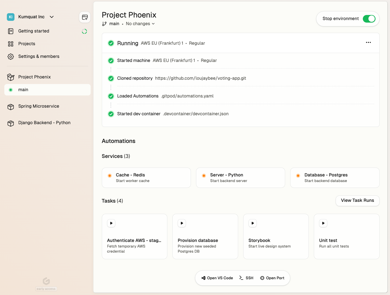 Gitpod environment details page