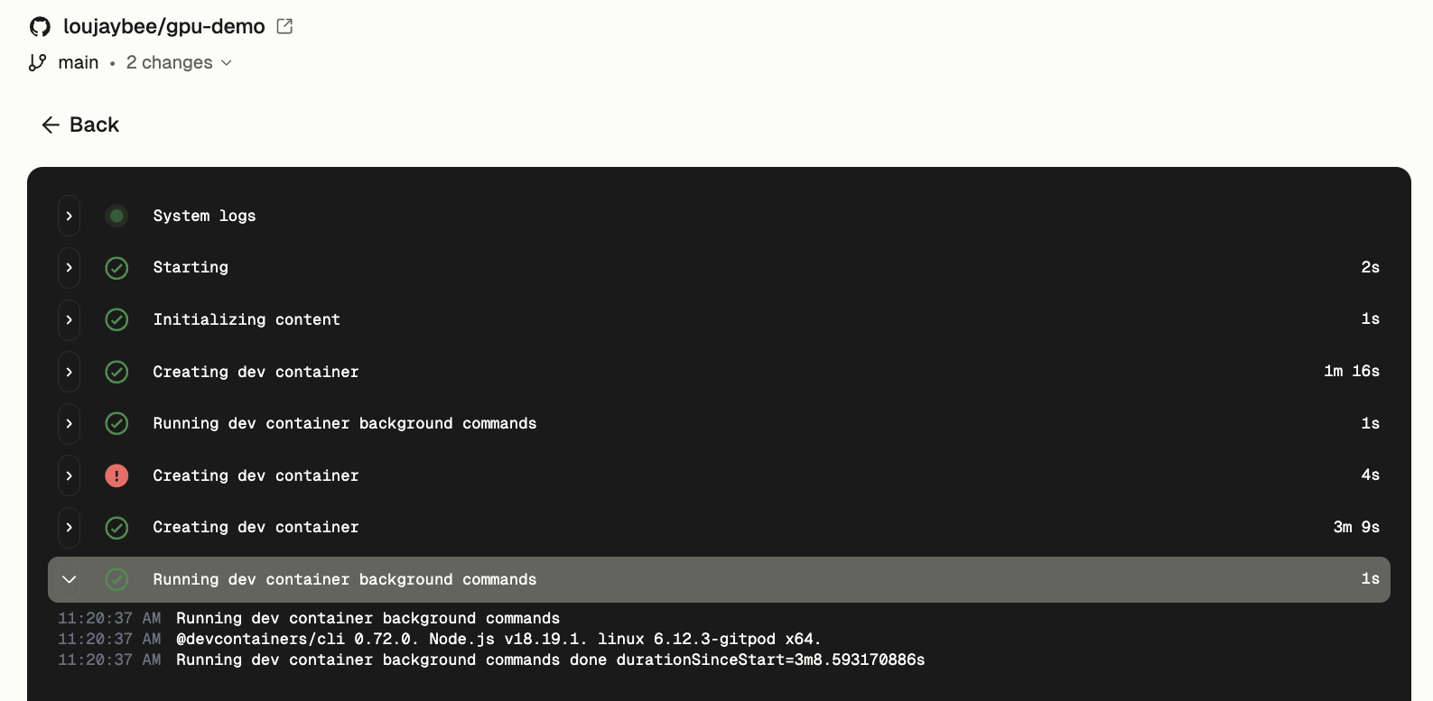 Logs for Dev Container