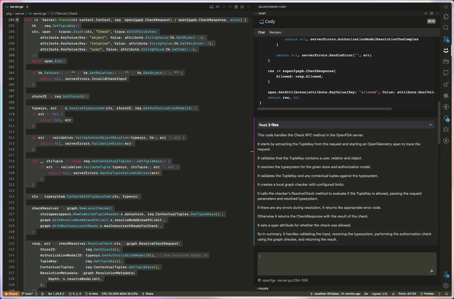 Sourcegraph Cody Result for Explain Selected code